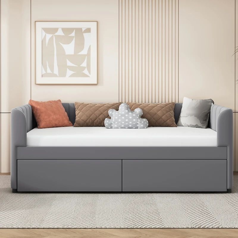 Streamdale Pink Upholstered Daybed with Ergonomic Backrest and Drawers