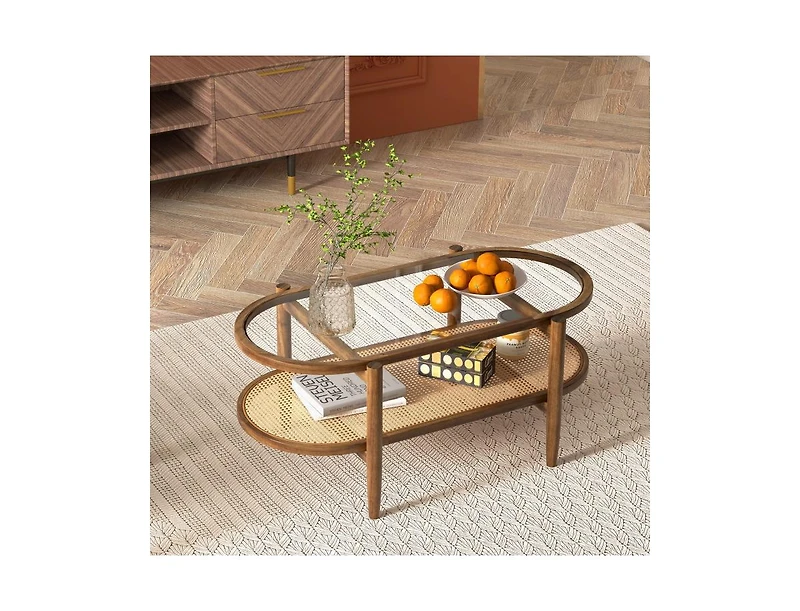 2-Tier Coffee Table with Tempered Glass Tabletop and Acacia Wood Frame