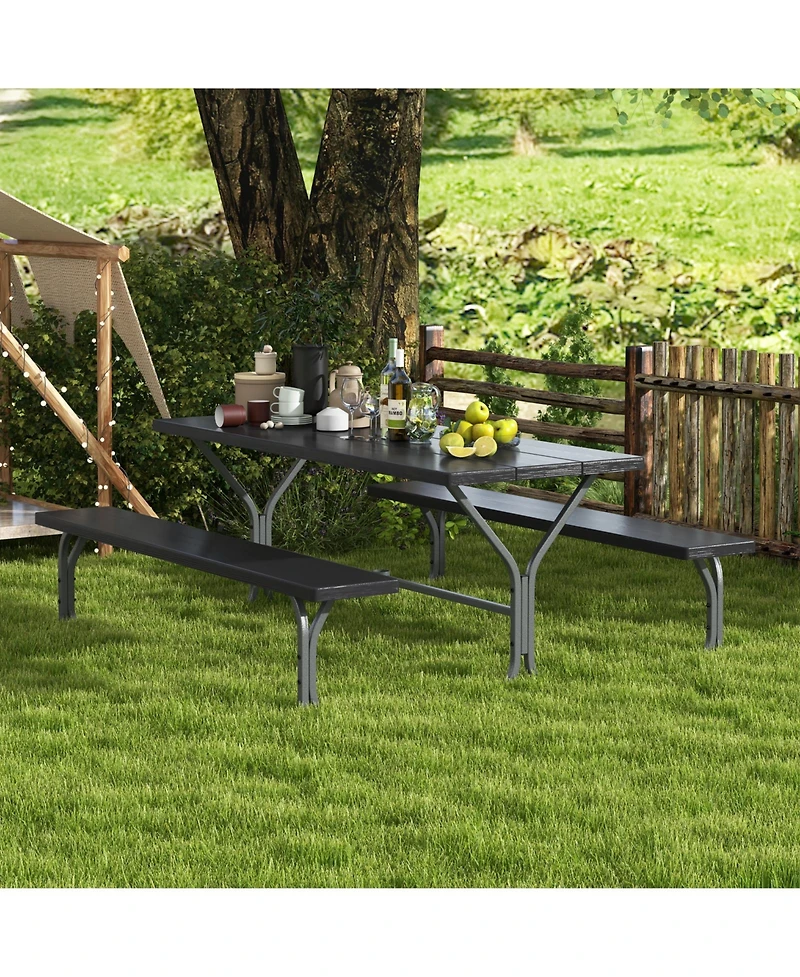 Slickblue 6 Ft Picnic Table Bench Set Dining and 2 Benches with Metal Frame Hdpe Tabletop