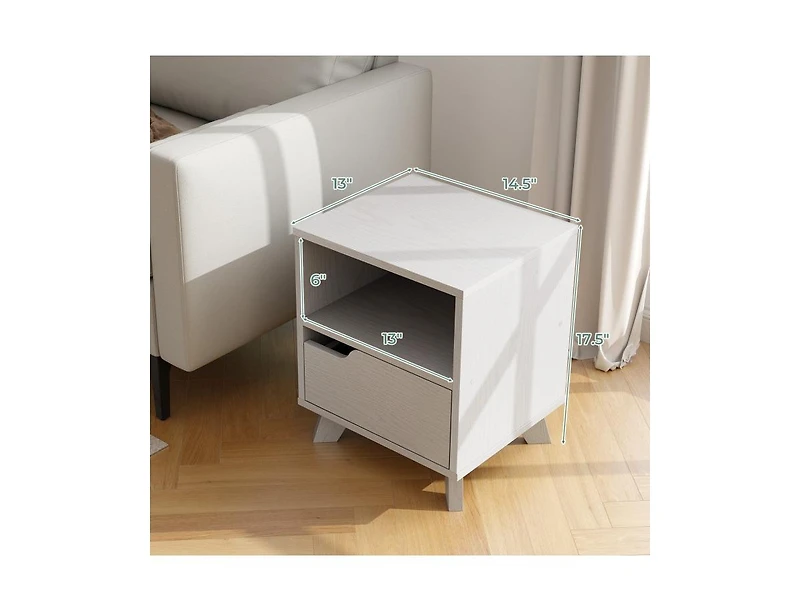 Slickblue Mid Century Modern Bedside Table with Storage Drawer and Open Shelf-White