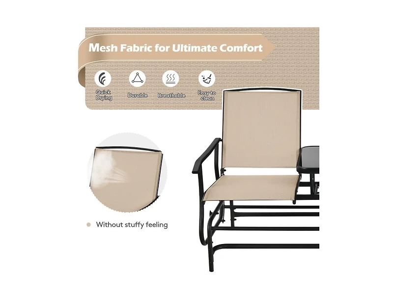 Slickblue 2-Person Double Rocking Loveseat with Mesh Fabric and Center Tempered Glass Table