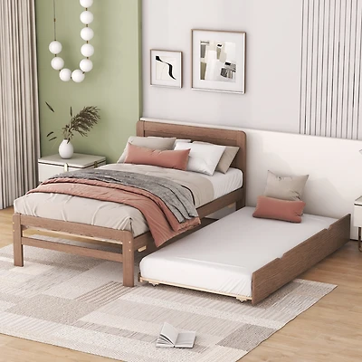 Streamdale Modern Twin Size Platform Bed with Trundle (Walnut)