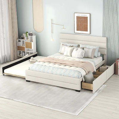 Streamdale Queen Upholstered Platform Bed With Twin Size Trundle And Two Drawers