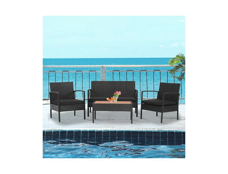 Slickblue 4 Pieces Patio Rattan Cushioned Furniture Set with Wooden Tabletop