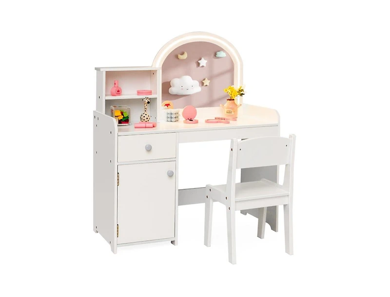 Slickblue Kids Vanity Table and Chair Set with Shelves Drawer Cabinet
