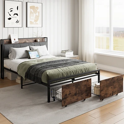 Simplie Fun Vintage Brown and Gray Storage Headboard Bed Frame