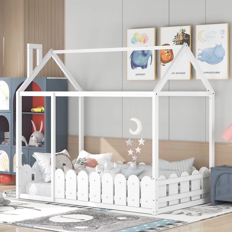 Streamdale Twin Wood Bed House Frame With Fence, For Kids, Teens, Girl