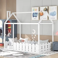Streamdale Twin Wood Bed House Frame With Fence, For Kids, Teens, Girl