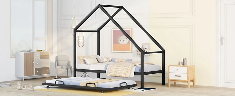 Streamdale Metal House Bed With Trundle, Twin Size House Bed