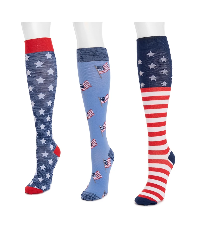 Muk Luks Men's Unisex 3 Pack Nylon Compression Knee-High Socks, Red/White/Blue, One Size