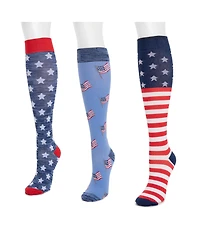 Muk Luks Men's Unisex 3 Pack Nylon Compression Knee-High Socks, Red/White/Blue, One Size