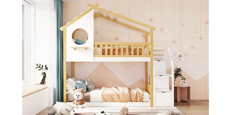 Simplie Fun Stairway Twin-Over-Twin Bunk Bed, House Bed, Storage And Guard Rail, Natural Bed + Stair