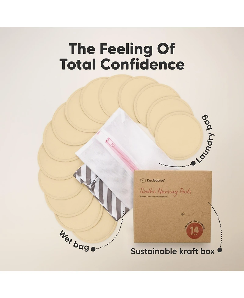 KeaBabies 14pk Soothe Reusable Nursing Pads for Breastfeeding, 4-Layers Organic Breast Pads, Washable Nipple