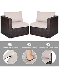 Gymax 2PCS Rattan Corner Sofa Set Patio Outdoor Furniture Set w/ 4 Beige Cushions