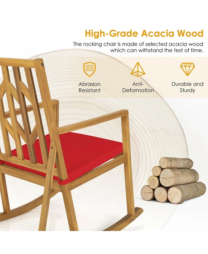 Slickblue Patio Acacia Wood Rocking Chair Sofa with Armrest and Cushion for Garden Deck