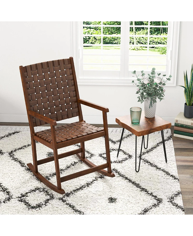 Slickblue Patio Wood Rocking Chair with Pu Seat and Rubber Wood Frame-Brown