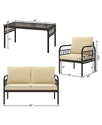 4 Pieces Outdoor Wicker Conversation Bistro Set with Soft Cushions and Tempered Glass Coffee Table