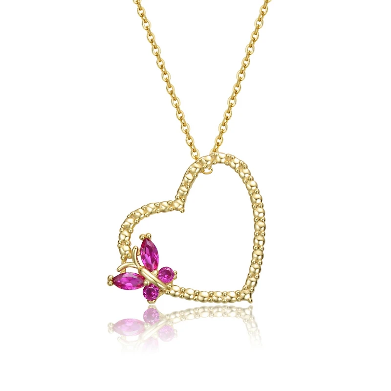 Sterling Silver with Butterfly Cubic Zirconia on Heart Shaped Pendant Necklace