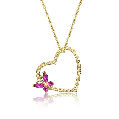 Sterling Silver with Butterfly Cubic Zirconia on Heart Shaped Pendant Necklace