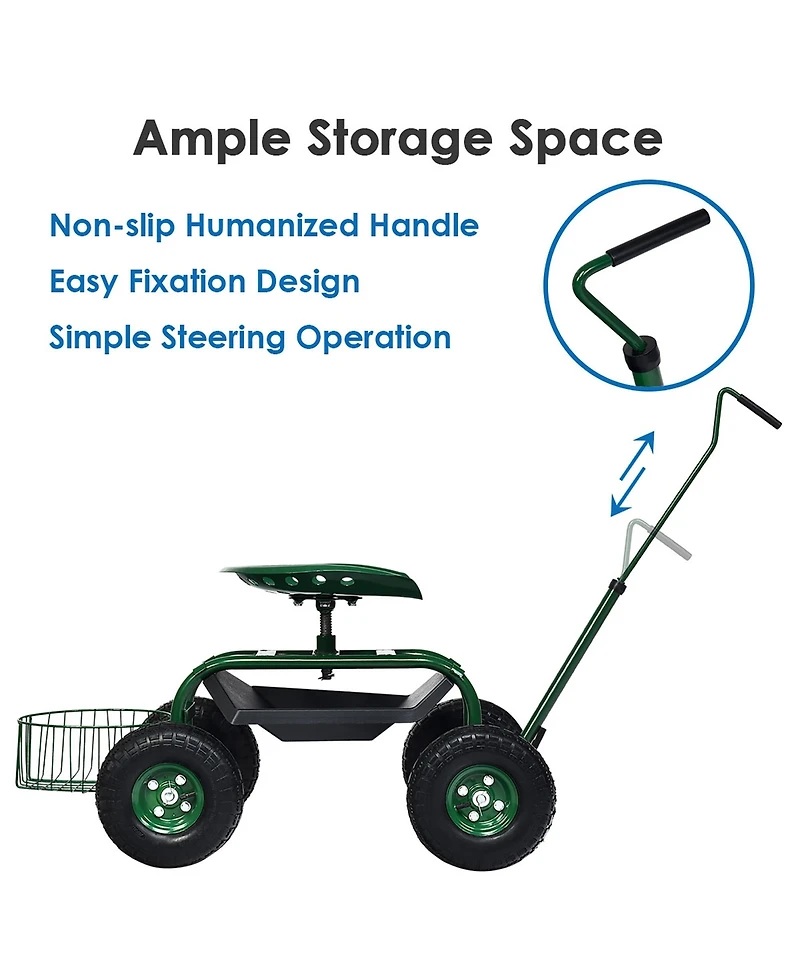 Garden Cart Rolling Work Seat for Planting w/E xtendable Handle