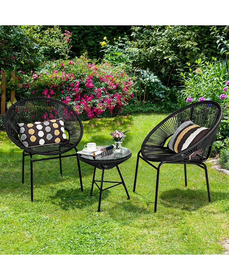 3PCS Patio Acapulco Furniture Bistro Set with Glass Table-Black