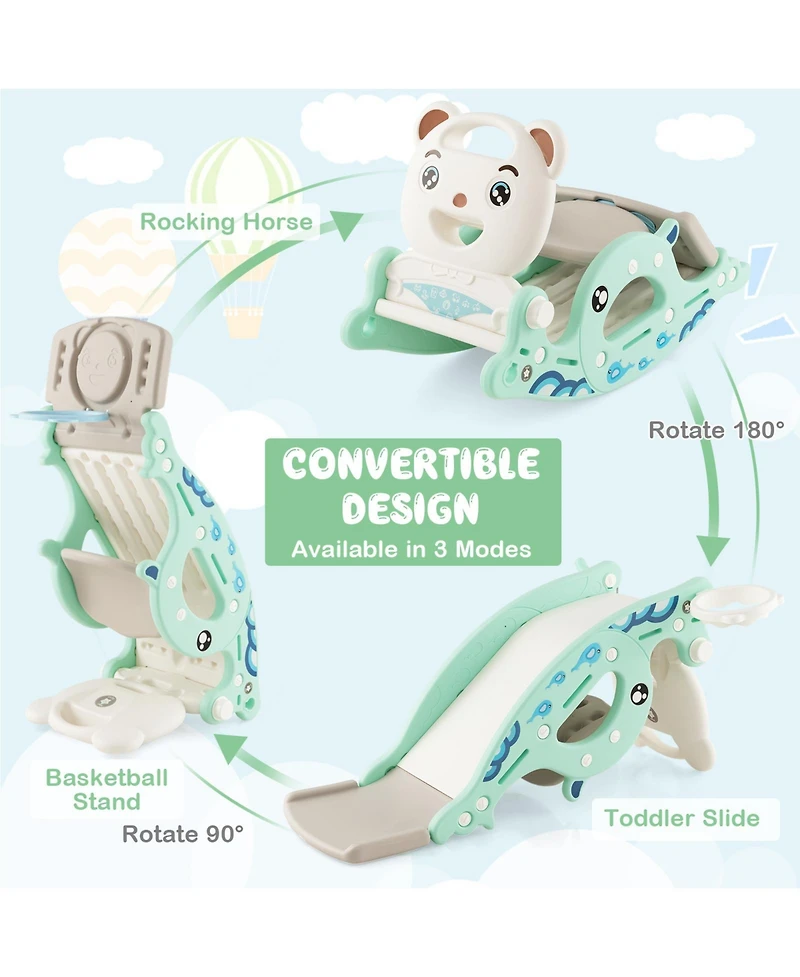 Inolait 4-in-1 Kids Slide Rocking Horse with Basketball and Ring Toss