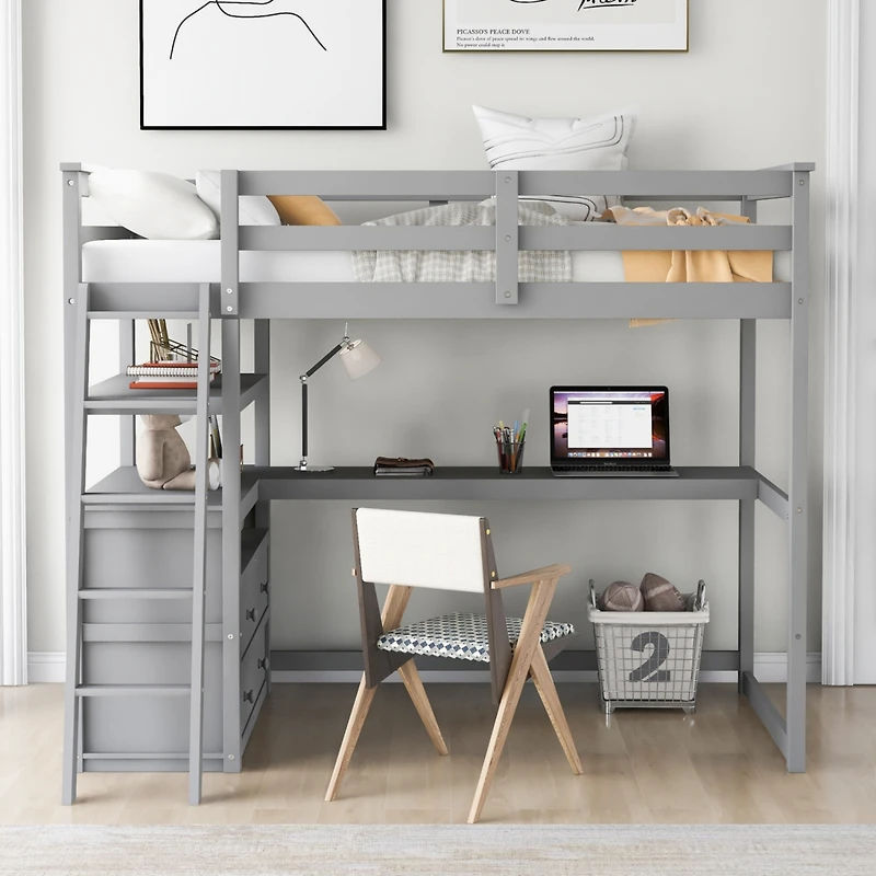 Simplie Fun Twin Loft Bed With Desk And Shelves, Two Built-In Drawers