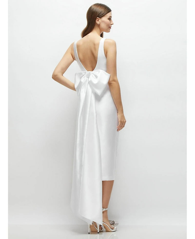 Scoop Neck Corset Satin Midi Dress with Floor-Length Bow Tails