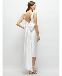 Scoop Neck Corset Satin Midi Dress with Floor-Length Bow Tails