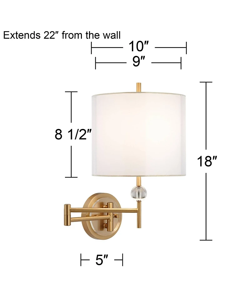 Possini Euro Design Kohle Modern Swing Arm Wall Lamp Polished Brass Plug-in Light Fixture White Inner Sheer Outer Drum Shade for Bedroom Bedside House