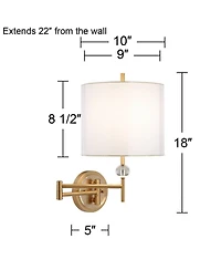 Possini Euro Design Kohle Modern Swing Arm Wall Lamp Polished Brass Plug-in Light Fixture White Inner Sheer Outer Drum Shade for Bedroom Bedside House