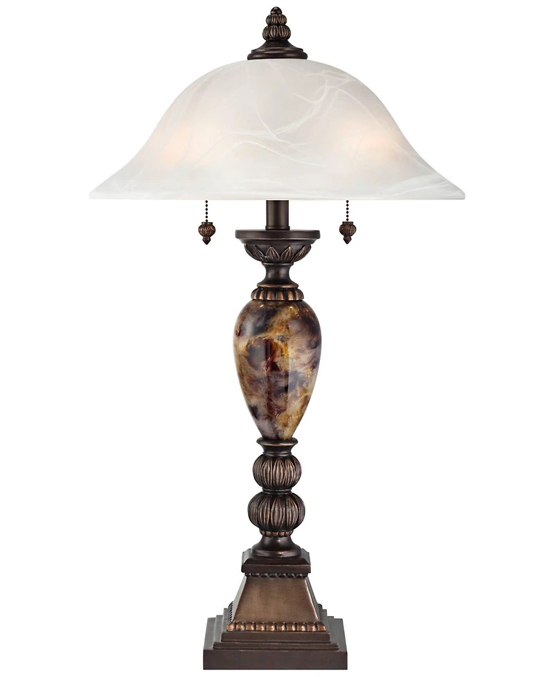 Mulholland Traditional Vintage like Table Lamp 27" Tall Aged Bronze Faux Marble White Alabaster Glass Dome Shade for Living Room Bedroom House Bedside