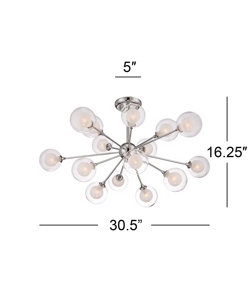 Modern Ceiling Light Semi Flush Mount Fixture Chrome 30.75" Wide 15-Light Sputnik Style Double Clear Frosted Glass for Bedroom Kitchen Living Roo