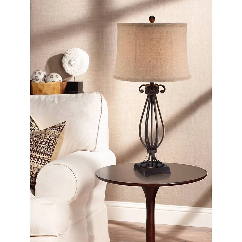Regency Hill Taos Traditional Table Lamp 32" Tall Iron Open Scroll Base Neutral Burlap Shade for Bedroom Living Room Bedside Nightstand Office Ki