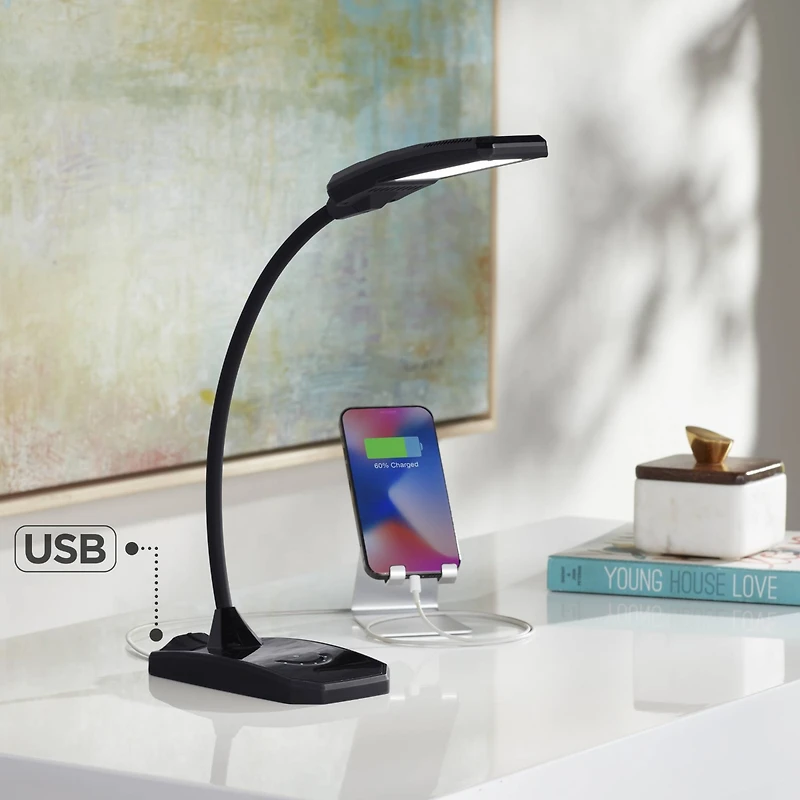 360 Lighting Ricky Modern Desk Lamp 13 3/4" High Black with Usb Charging Port Led Gooseneck Touch On Off Dimmer for Bedroom Bedside Office House