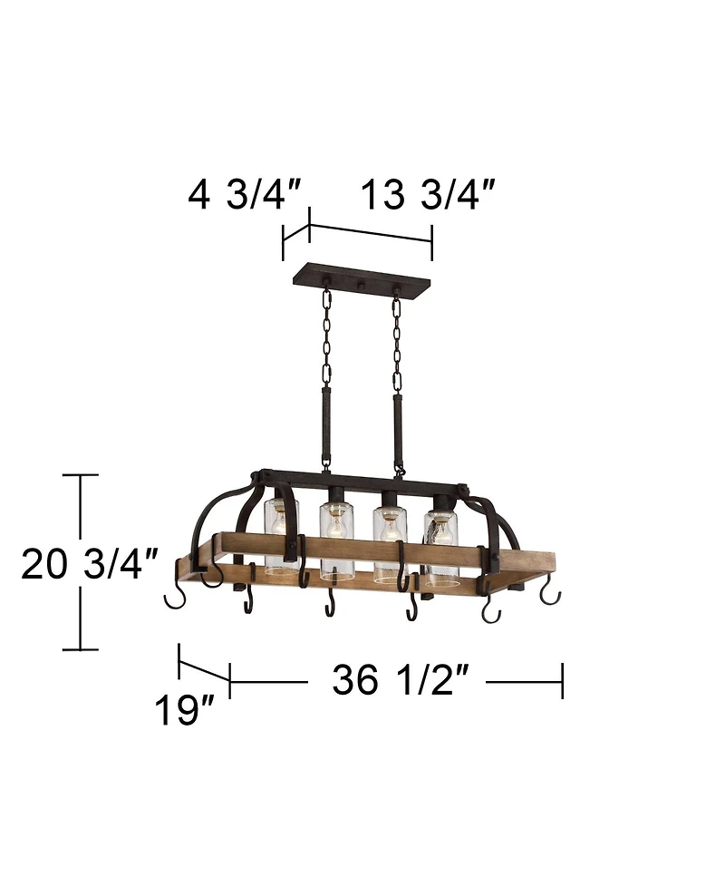 Franklin Iron Works Eldrige Bronze Wood Finish Pot Rack Linear Pendant Chandelier Lighting 36 1/2" Wide Rustic Farmhouse Clear Seed Glass 4-Light Fixt