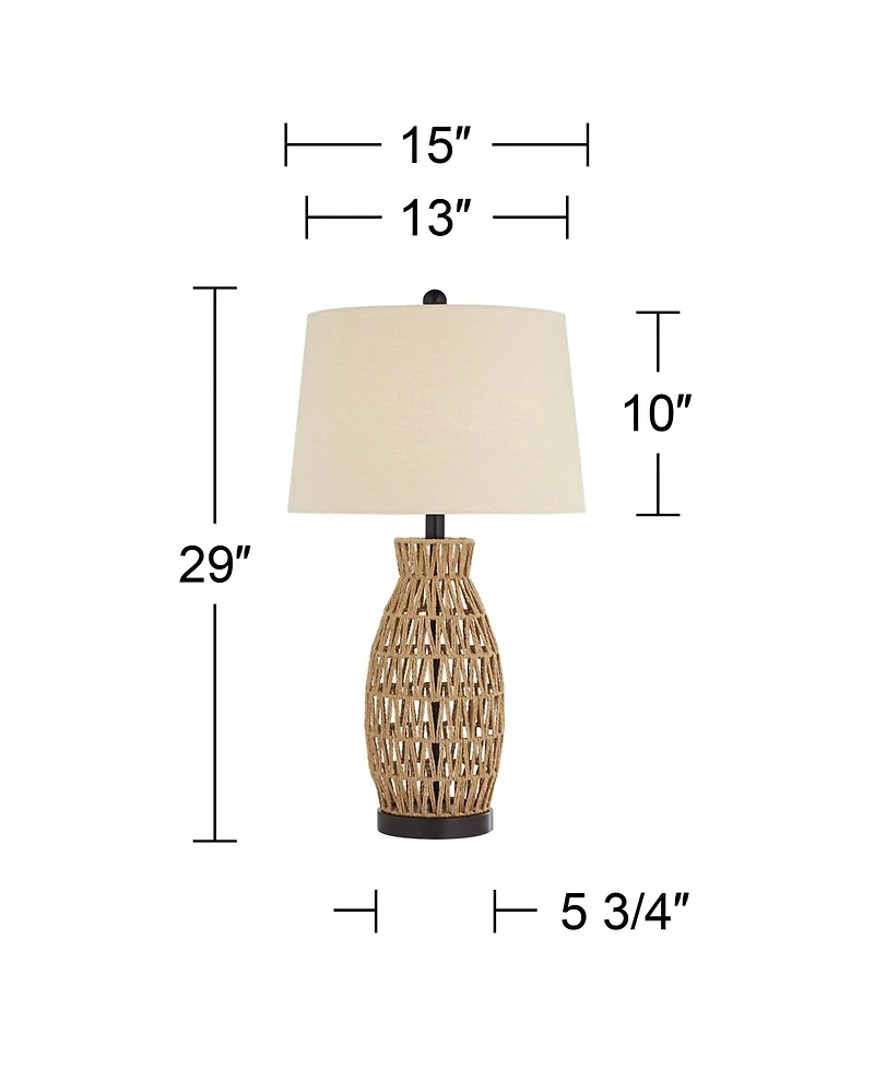 360 Lighting San Carlos Coastal Modern Table Lamps 29" Tall Set of 2 Natural Rattan Wicker Oatmeal Fabric Drum Shade for Bedroom Living Room Beds