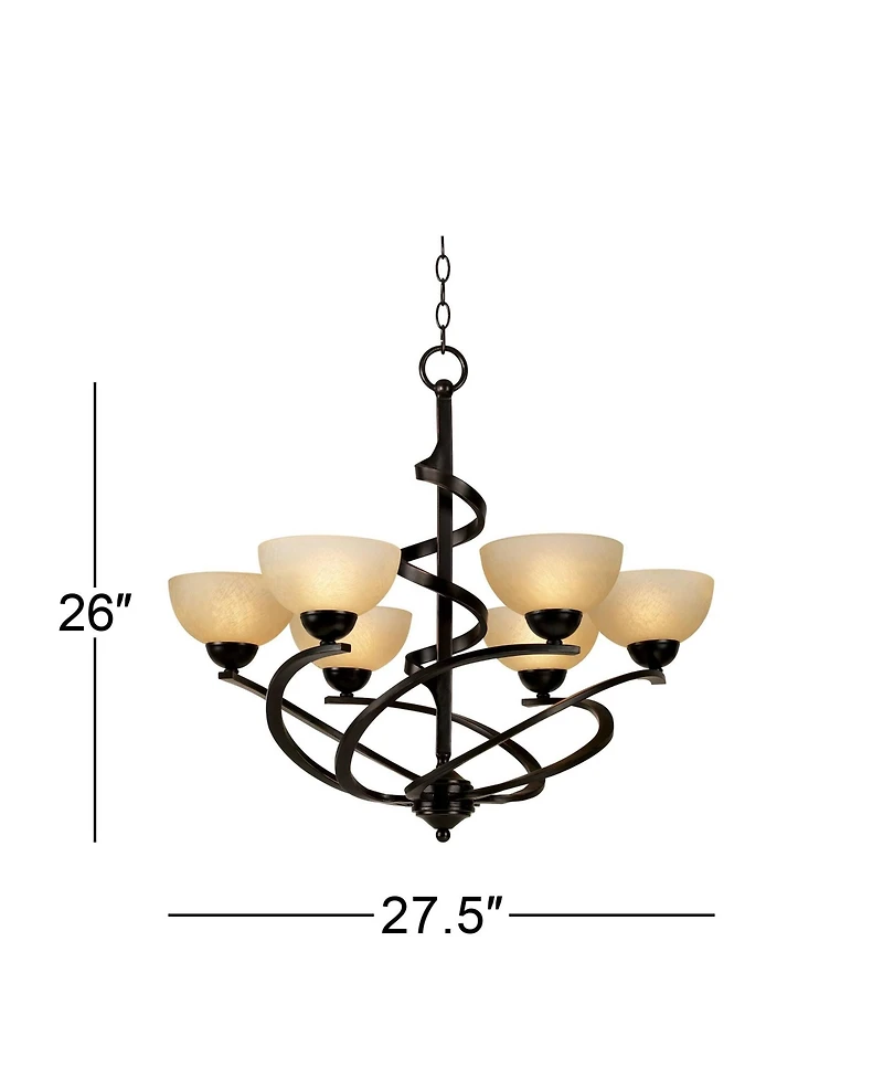 Franklin Iron Works Bronzeador Dark Mocha Chandelier Lighting 27 1/2" Wide Modern Industrial Iron Ribbon Amber Glass Shades 6-Light Fixture for Dining