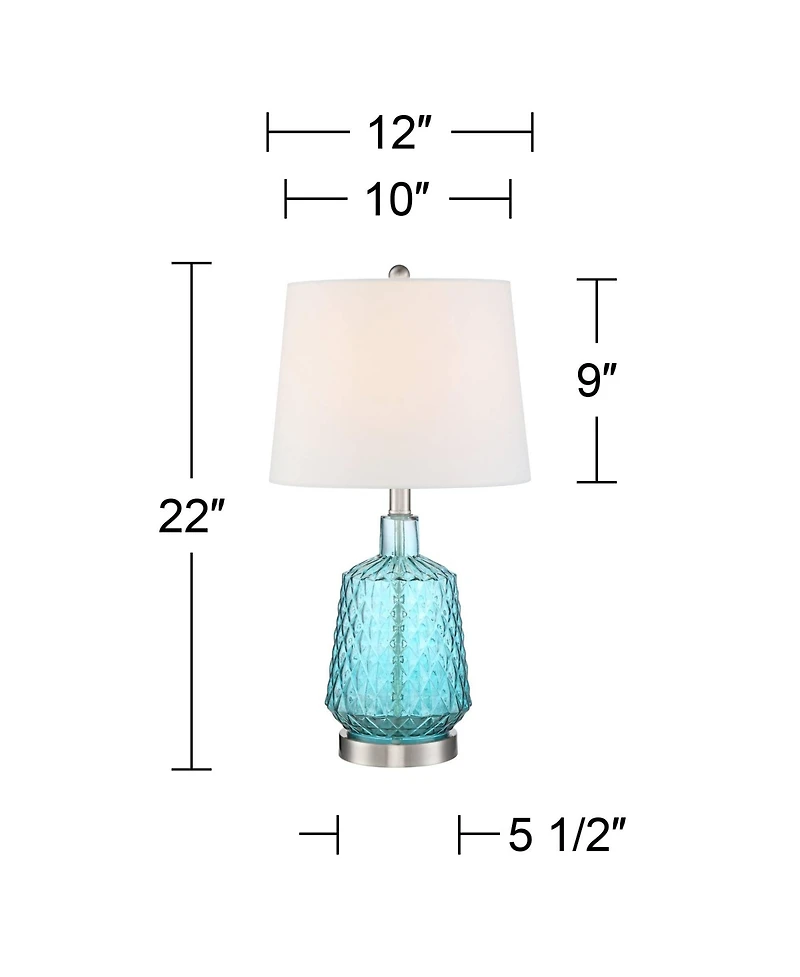 360 Lighting Ronald Modern Coastal Accent Table Lamp 22" High Blue Textured Glass Nickel Pole White Drum Shade for Bedroom Living Room Nightstand