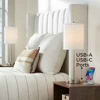 Trotter Modern Table Lamps 23.75" High Set of 2 with Dimmable Usb and Ac Power Outlet Brushed Nickel White Fabric Cylinder Living Room Desk Bedroom Ho