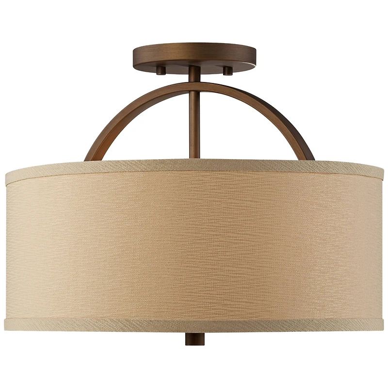 Possini Euro Design Halsted Modern Ceiling Light Semi Flush Mount Fixture 15" Wide Brushed Bronze 2-Light Oatmeal Linen Drum for Bedroom Living R