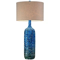 Mid Century Modern Style Table Lamp Ceramic Tiled Teal Tall Tan Linen Fabric Drum Shade Decor for Living Room Bedroom House Bedside Home Office Entryw