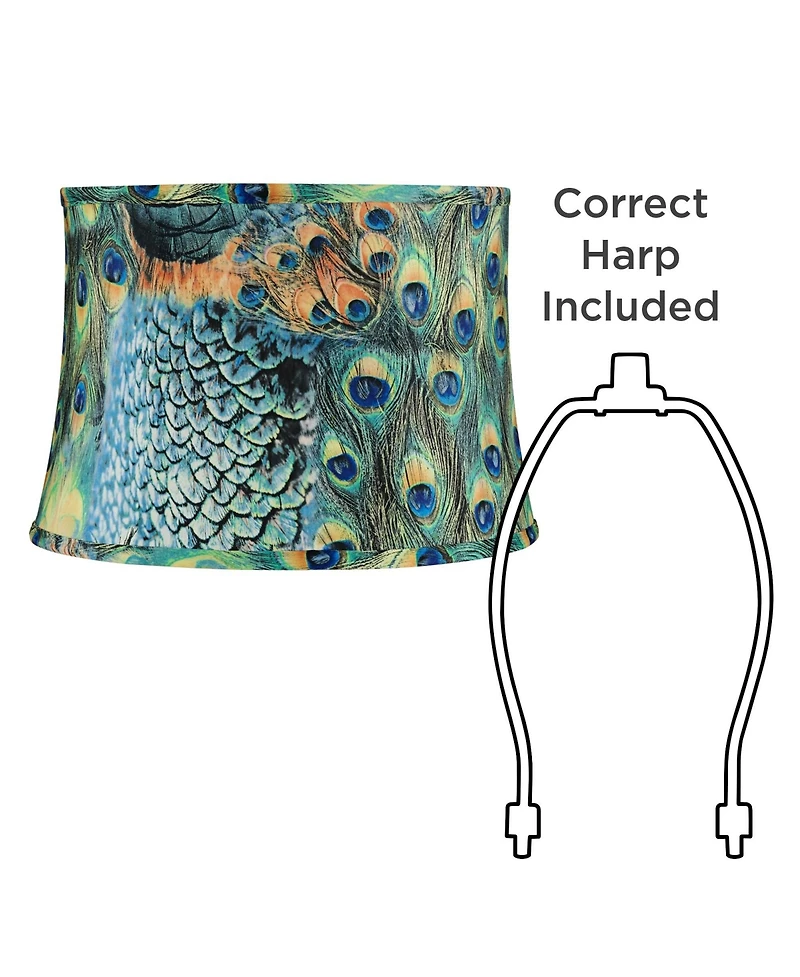 Springcrest Peacock Print Medium Drum Lamp Shade 14" Top x 16" Bottom x 11" Slant (Spider) Replacement with Harp and Finial