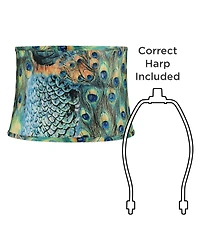 Springcrest Peacock Print Medium Drum Lamp Shade 14" Top x 16" Bottom x 11" Slant (Spider) Replacement with Harp and Finial