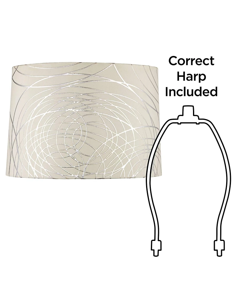 Springcrest Cream with Silver Circles Medium Drum Lamp Shade 15" Top x 16" Bottom x 11" High (Spider) Replacement with Harp and Finial