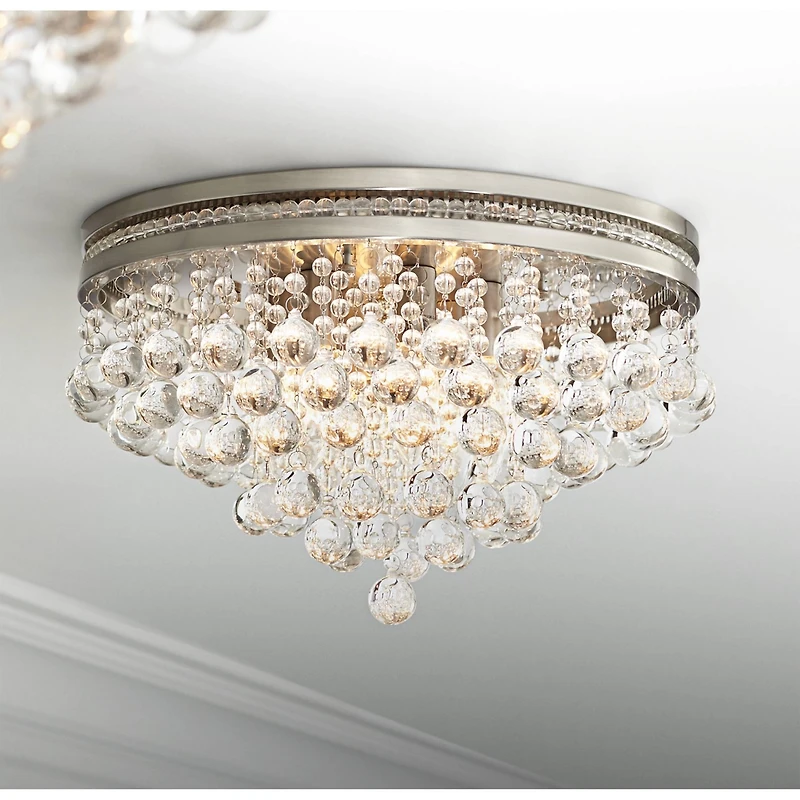 Vienna Full Spectrum Luxury Ceiling Light Flush Mount Fixture Brushed Nickel 15 1/4" Wide Crystal Droplets for Bedroom Hallway