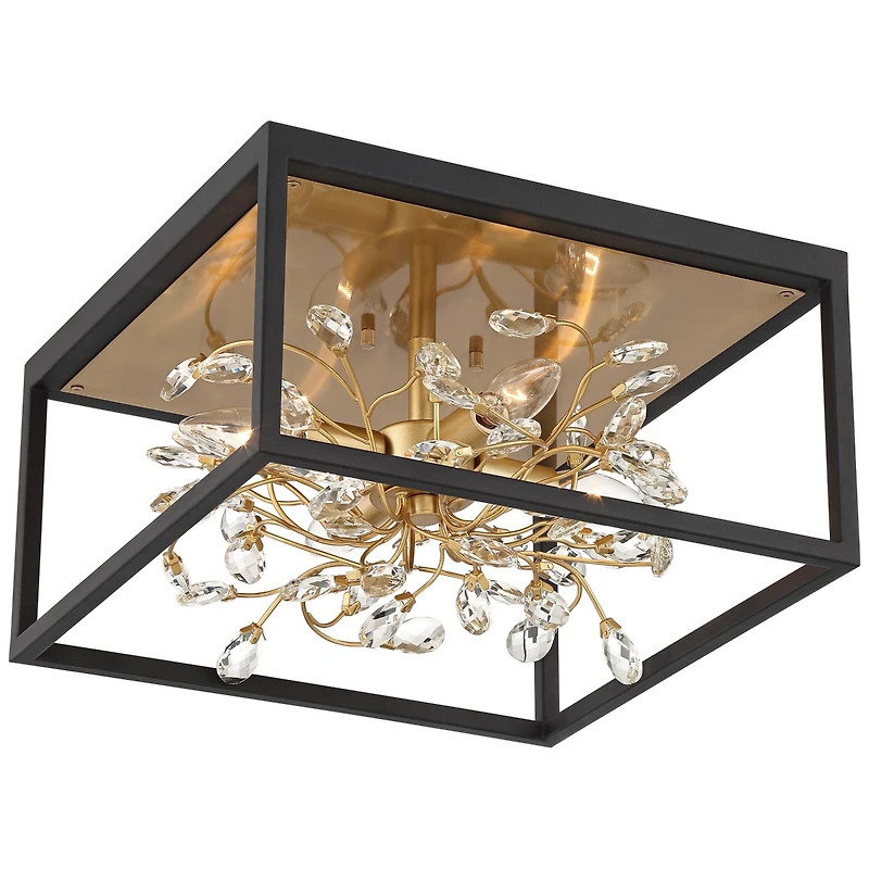 Possini Euro Design Carrine Modern Ceiling Light Flush Mount Fixture 14 1/4" Wide Black Gold 4-Light Clear Crystal for Bedroom Kitchen Living Roo