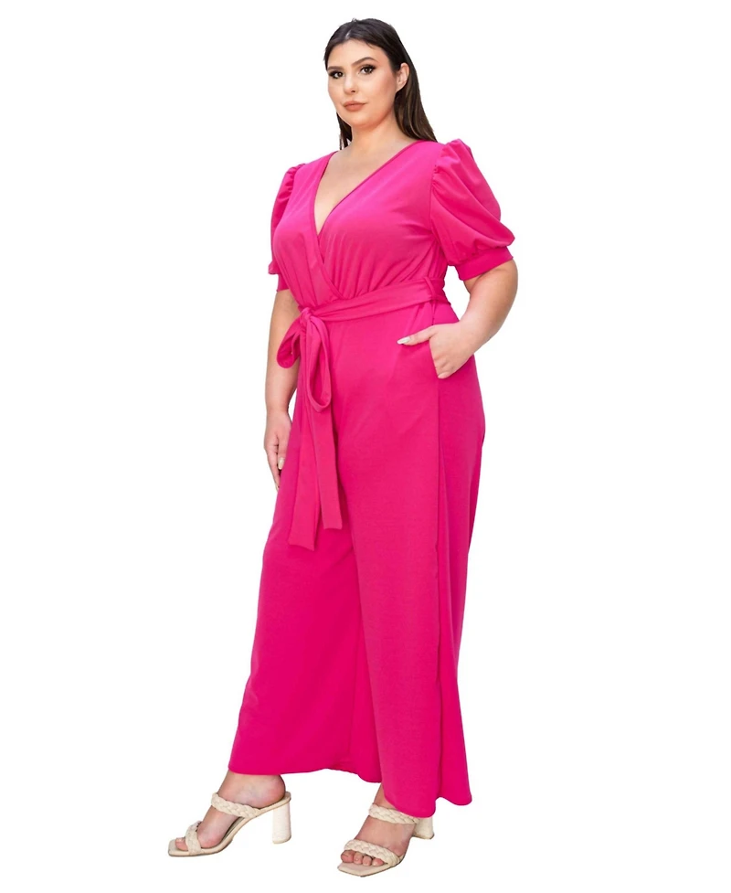 L I V D Plus Size Iris Surplice Belted Pocket Jumpsuit
