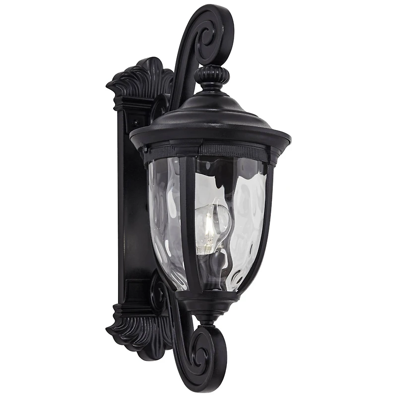 Bellagio European Outdoor Wall Light Fixture Texturized Black Dual Scroll Arm 24" Clear Hammered Glass for Exterior House Porch Patio Outside Deck Gar