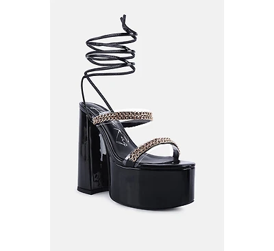 Indulgence Metal Chain Lace Up Chunky Sandals Women